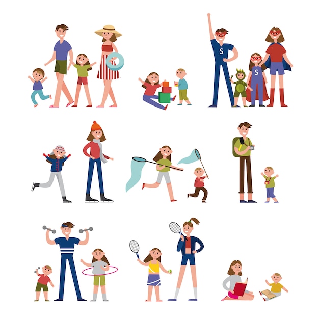 Momentos Felices En La Vida Familiar La Actividad Y El Ocio Familia Establece Personajes Coloridos Con Padres E Hijos Ilustraciones Vector Premium