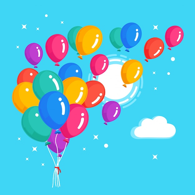 Monton De Globo De Helio Bolas De Aire Volando En El Cielo Concepto De Feliz Cumpleanos Dibujos Animados Vector Premium