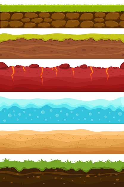 Motivos Sin Costura Suelos Niveles De Agua Y Tierra Con Hierba Desierto Arenoso Conjunto De Texturas Sin Fin De Dibujos Animados Vector Premium