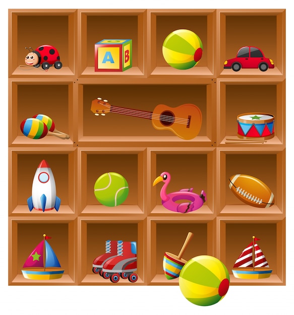 Muchos juguetes en estantes de madera | Vector Gratis