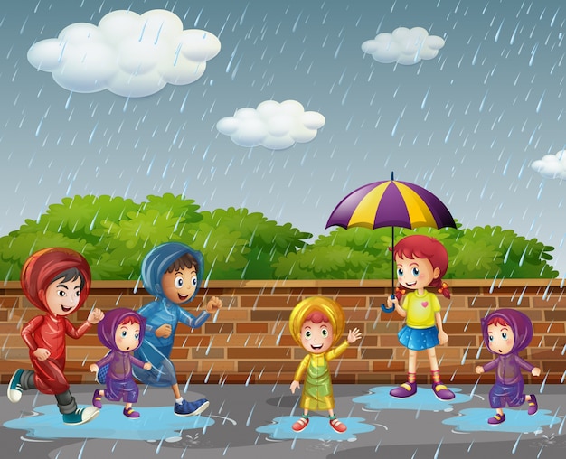 muchos-ni-os-corriendo-bajo-la-lluvia-vector-premium