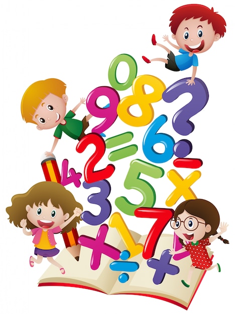 Muchos niños con números en el libro | Vector Gratis