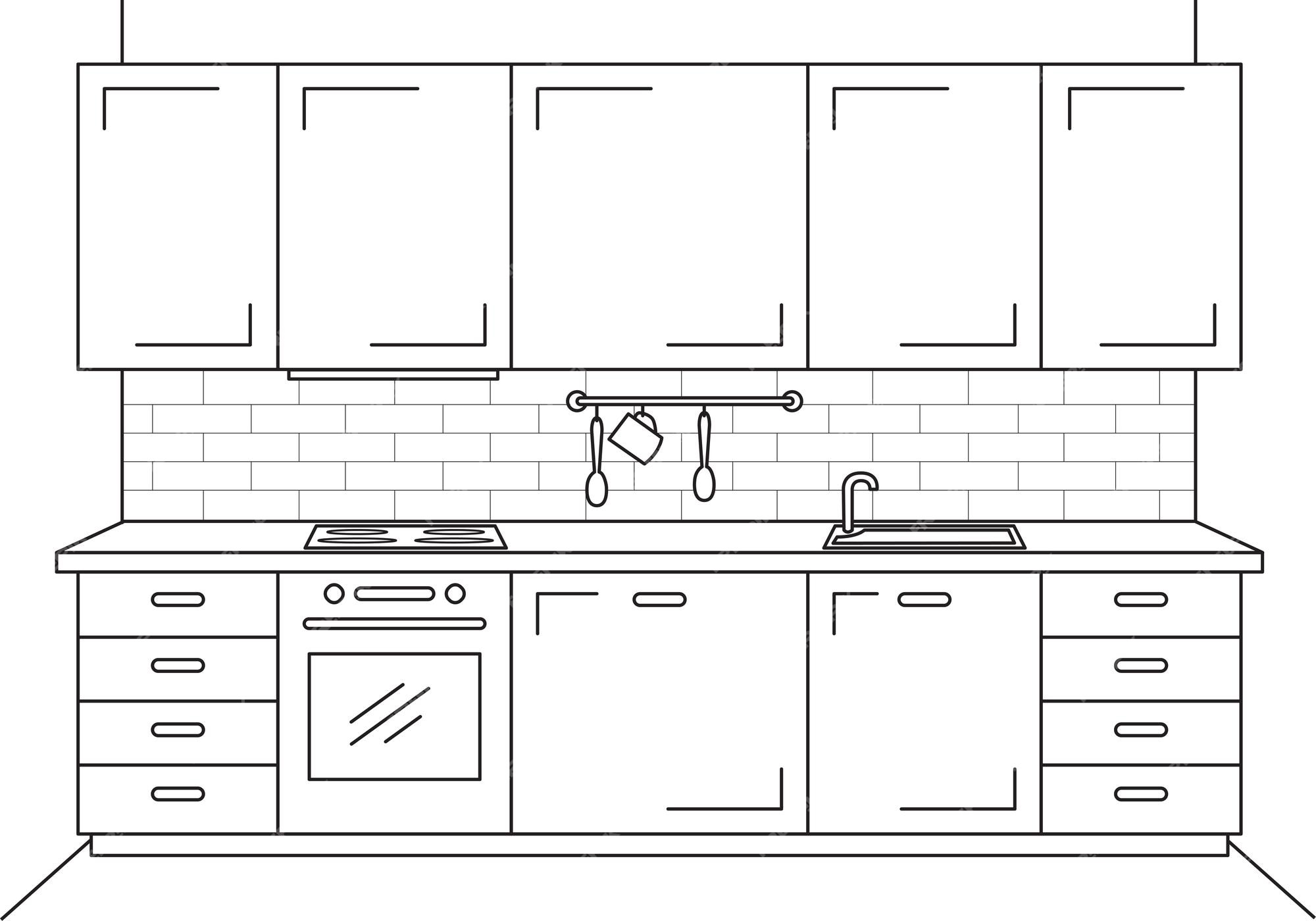 Muebles De Cocina Boceto En Estilo De Línea Ilustración Vectorial Plan De Cocina Vector Premium 