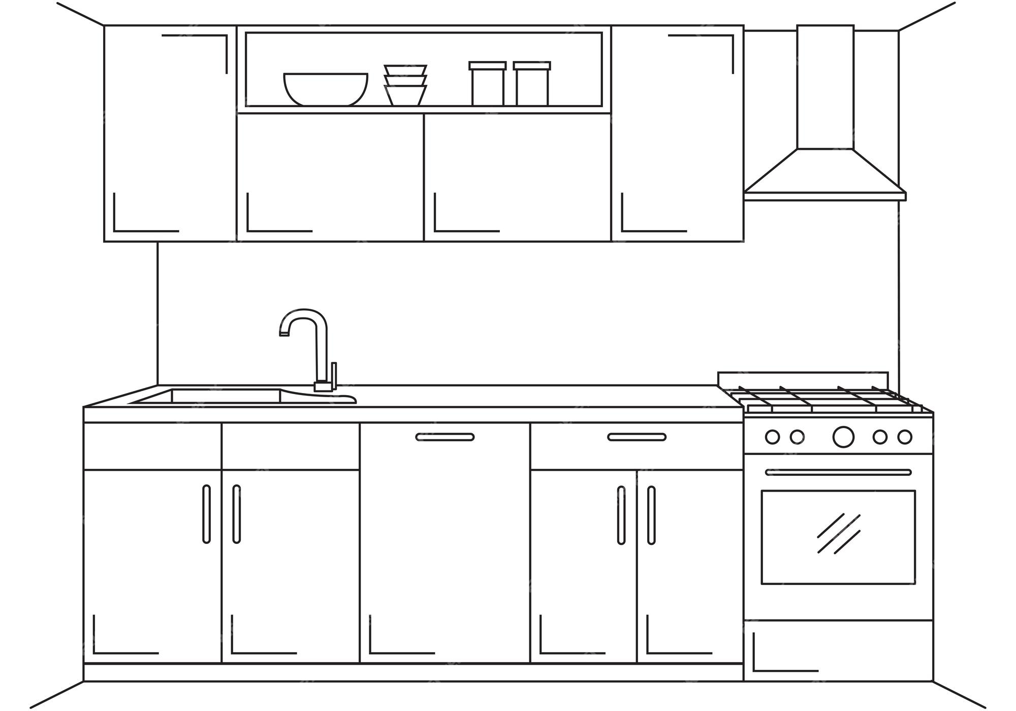 Muebles De Cocina Boceto En Estilo De Línea Ilustración Vectorial Plan De Cocina Vector Premium 