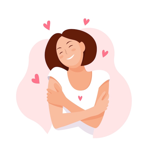 Mujer abrazando a sí misma con corazones. ámate a tí mismo. amo tu concepto corporal. ilustración vectorial Vector Premium