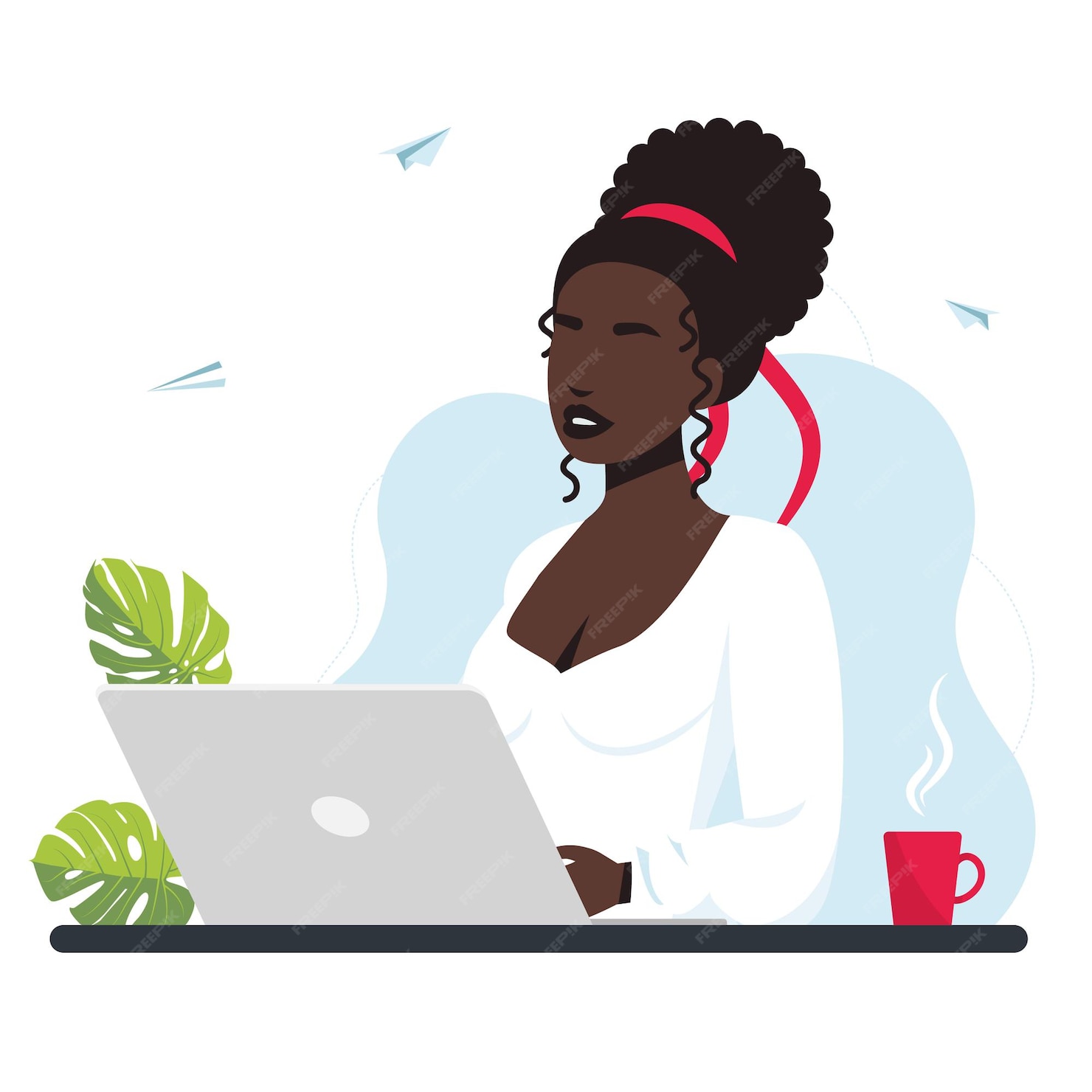 Mujer Afro Que Trabaja En Una Computadora Portátil O Computadora Desde Casa Con Una Taza De Café 