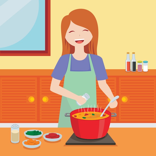 Mujer Alegre Cocinando Ilustración Vector Premium 