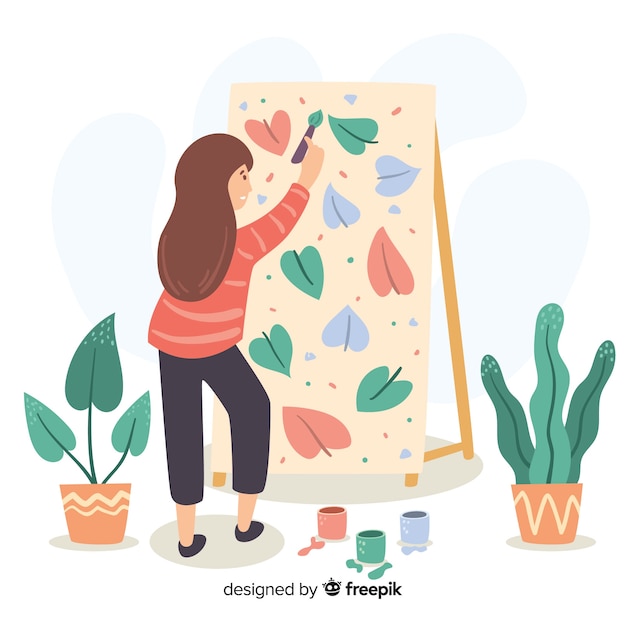 Mujer Artista Pintando Un Lienzo Con Motivo Floral Vector Gratis 6666