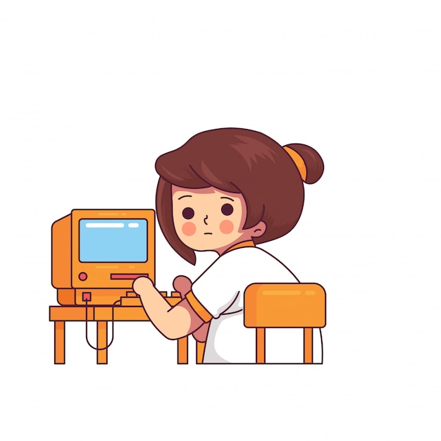 Mujer Divertida Trabajando Computadora Vintage Vector Premium