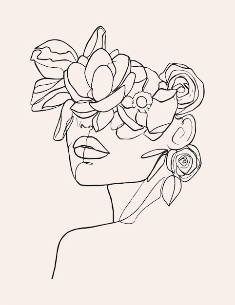 Mujer con línea de flores rostro femenino con flores estilo lineal simple minimalista moderno