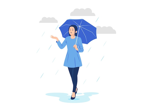 Mujer con paraguas bajo la lluvia ilustración del concepto Vector Premium