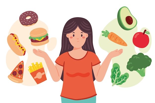 Mujer Que Elige Entre La Ilustración De Alimentos Saludables O No Saludables Vector Gratis 2563