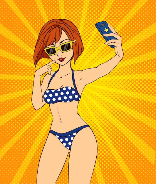 Mujer Sexy De Dibujos Animados Toma Una Selfie En Estilo Pop Art