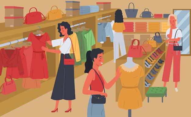Mujeres De Compras Las Mujeres Eligen Comprar Ropa Bolsos Y Tacones En La Tienda Ilustración 0405