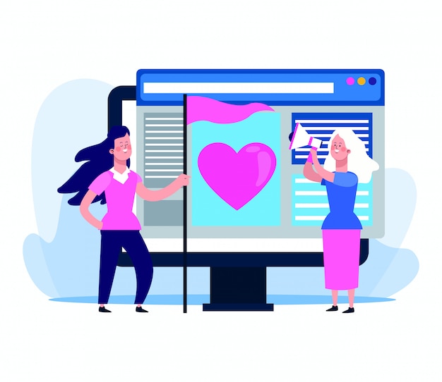 Mujeres de dibujos animados con falg rosa y computadora con ventana de  página web con corazón rosa sobre blanco | Vector Premium