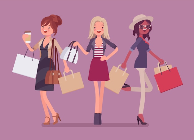 Mujeres Felices Después De Ir De Compras Tres Damas Elegantes Compran En Una Tienda Las 3196