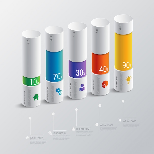 Multicolor 5 pasos línea de tiempo indicador gráfico de barras plantilla de vector de infografía. concepto de informe financiero. vector gratuito