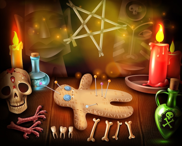 Muneco Vudu Culto Rituales Religiosos Ilustracion Realista Con Practicas Espirituales Ocultas Calaveras A La Luz De Las Velas Mistica Vector Gratis