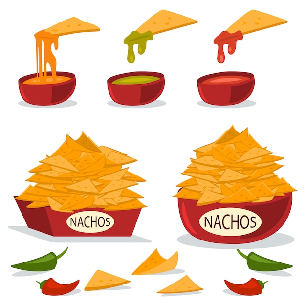 Nachos en un plato con salsas de queso chile y guacamole ilustración