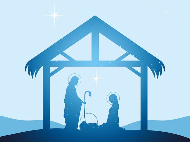 Natividad Silueta Brillante María José Y Pesebre Del Niño Jesús Vector Premium 