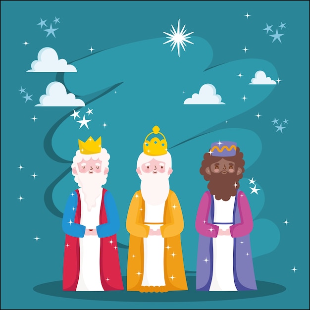 Natividad Tres Reyes Sabios Noche Estrellas Pesebre Ilustración De Dibujos Animados Vector 5606