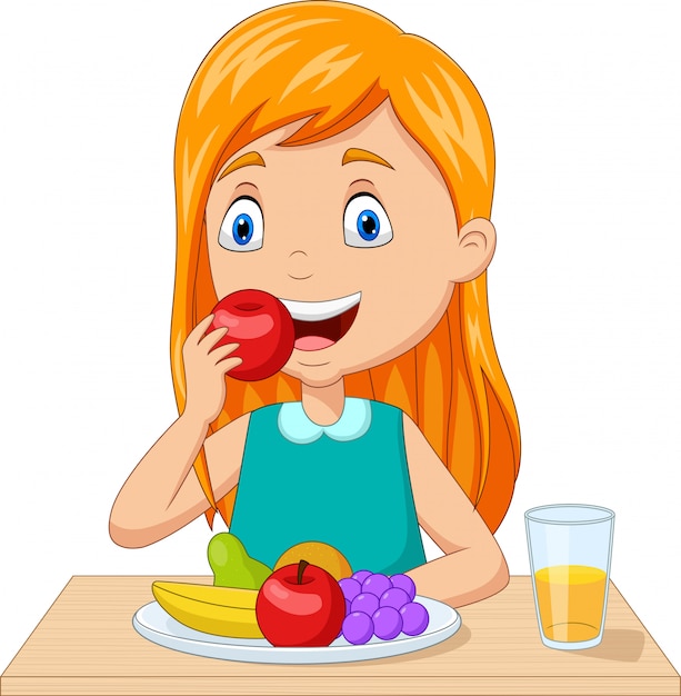 Niña comiendo frutas en la mesa | Vector Premium