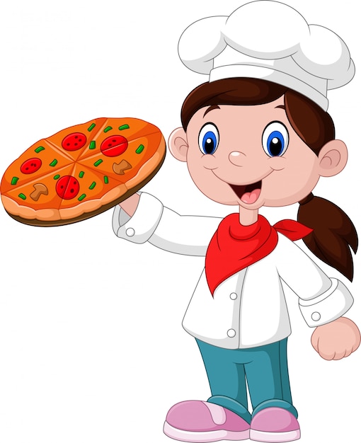Niña de dibujos animados con pizza | Vector Premium