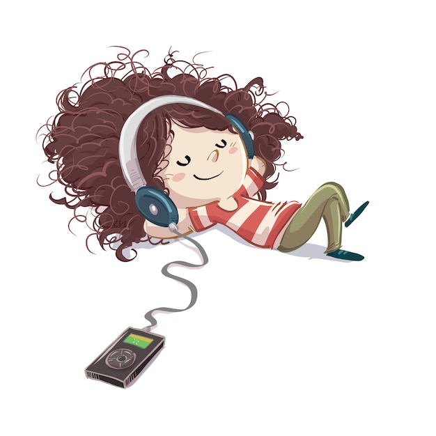 Niña escuchando música con auriculares felices | Vector Premium