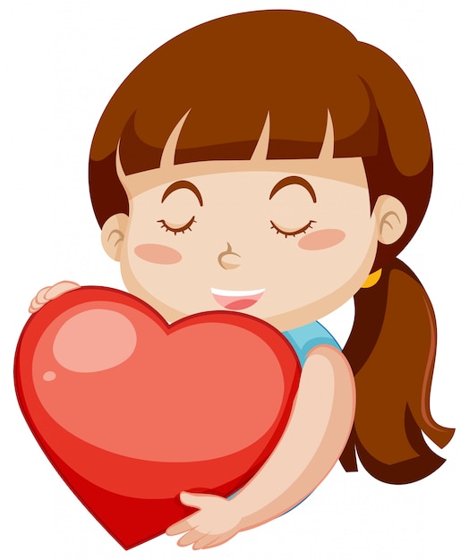 Niña Feliz Abrazando Gran Corazón Rojo Sobre Fondo Blanco Vector Gratis