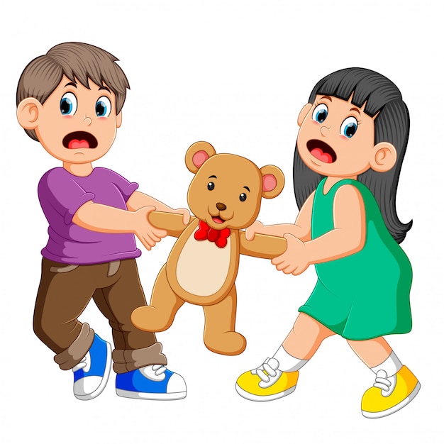Niña y niño peleando por una muñeca | Vector Premium