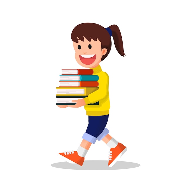 Niña Sonriente Cargando Una Pila De Libros Vector Premium