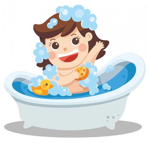 Una Niña Tomando Un Baño En La Bañera Con Mucha Espuma De Jabón Y Pato De Goma Vector Premium 