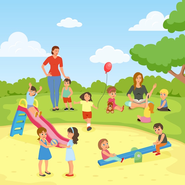 Niñeras con niños en el parque | Vector Gratis