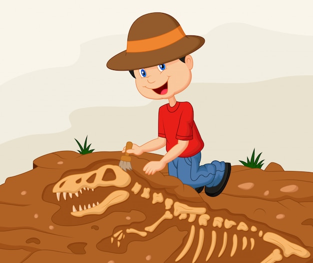 Nino Arqueologo Excavando Fosiles De Dinosaurio Vector Premium