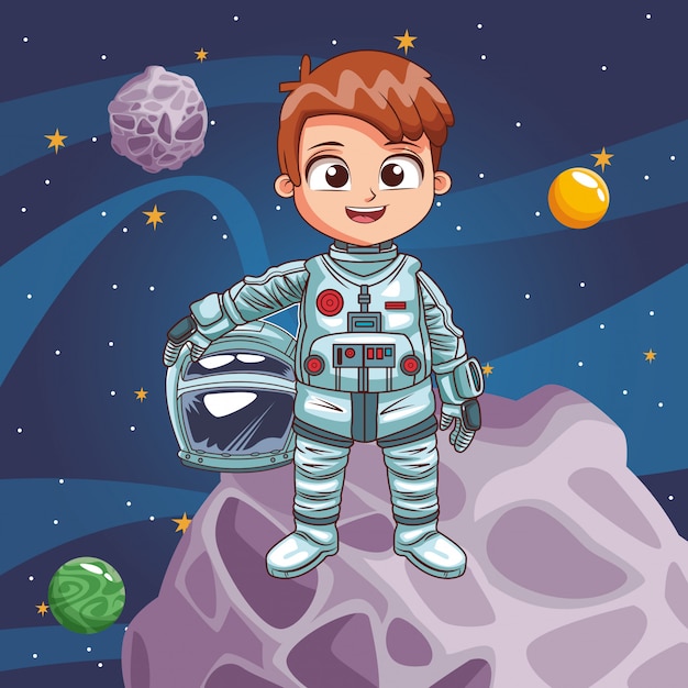 Niño astronauta en el espacio Vector Premium