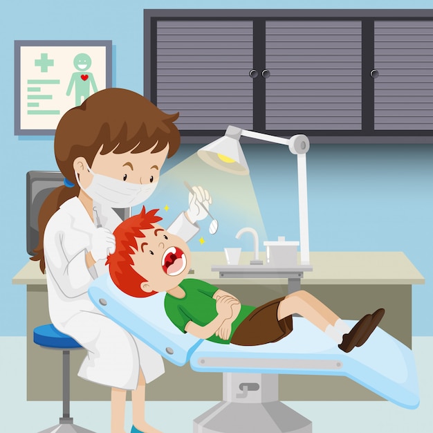 Un Niño En La Clinica Dental Vector Premium