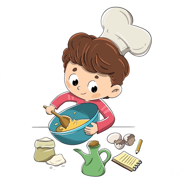 Niño en la cocina preparando una receta. | Vector Premium