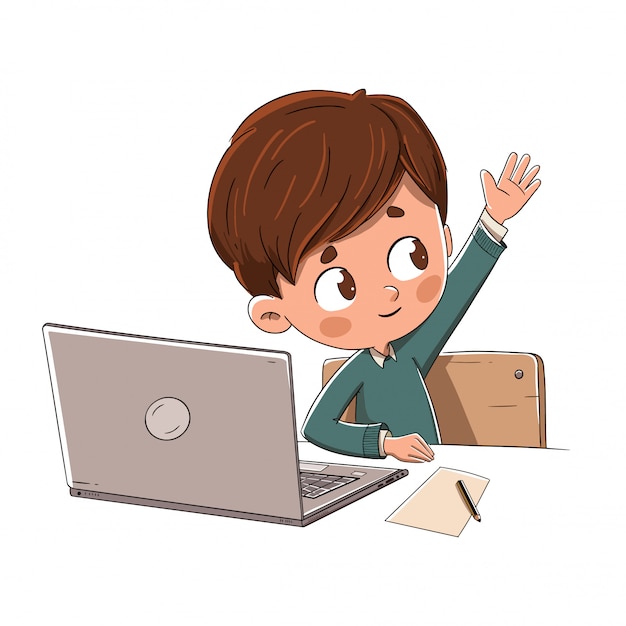 Niño con una computadora levantando su mano en clase | Vector ...