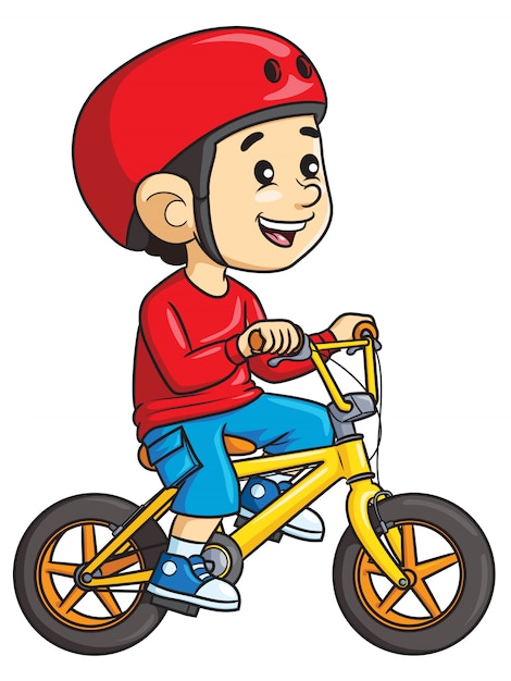 Niño de dibujos animados andar en bicicleta | Vector Premium