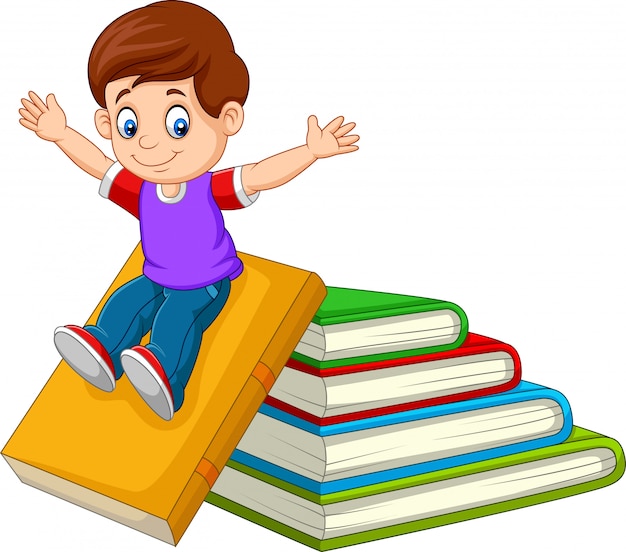 Niño de dibujos animados jugando con libros grandes | Vector ...