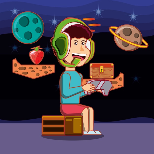 Niño de dibujos animados jugando videojuegos sobre fondo del espacio | Vector Premium