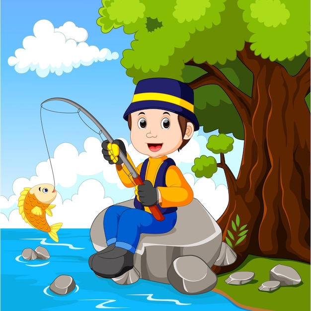 Niño de dibujos animados de pesca | Descargar Vectores Premium