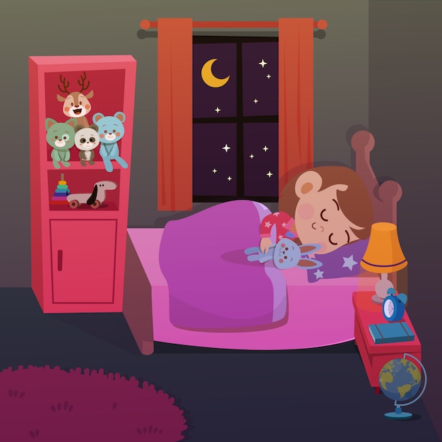 Niño duerme en la ilustración de vector de habitación Vector Premium