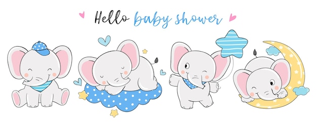 Nino Elefante Para Baby Shower Doodle Estilo De Dibujos Animados Vector Premium