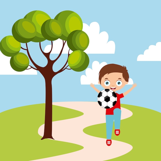 Nino Feliz De Dibujos Animados Jugando Con Balon De Futbol En El