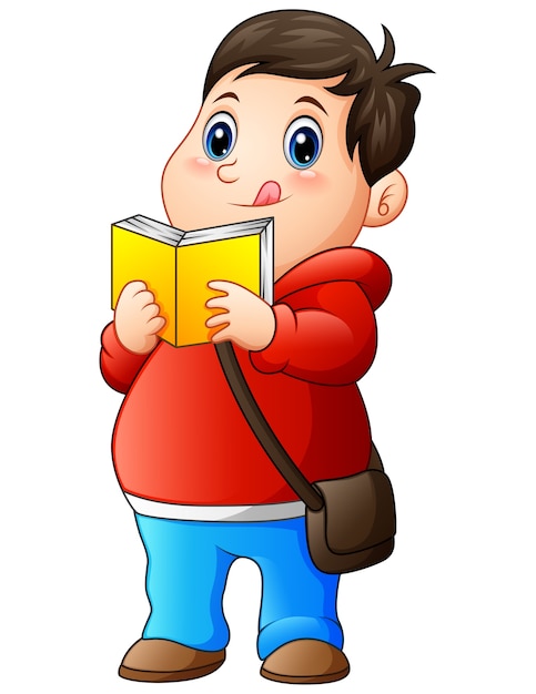 Niño gordo de dibujos animados en suéter leyendo un libro | Vector ...