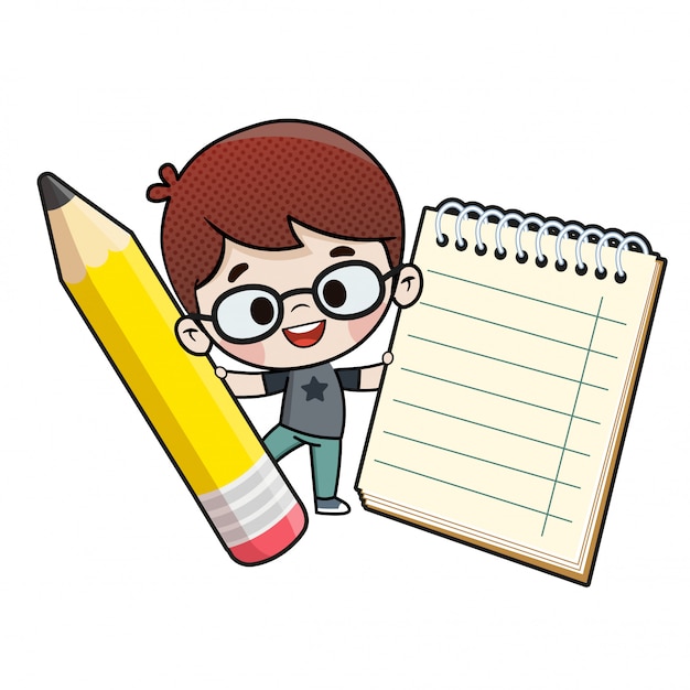 Niño con un lápiz y un cuaderno. | Vector Premium
