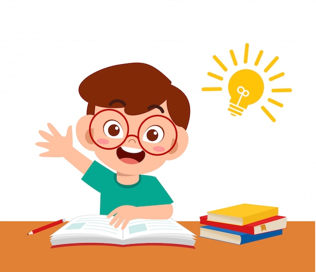 Niño lindo feliz estudiar tarea con idea | Vector Premium