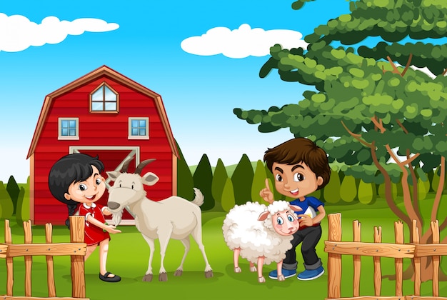 Niño y niña con animales de granja en la granja | Vector Gratis