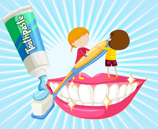 Niño Y Niña Cepillarse Los Dientes Vector Premium